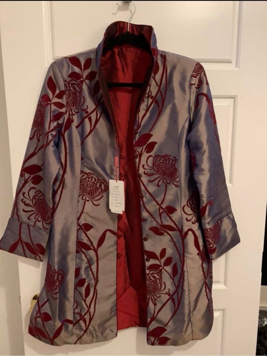 Jackets & Blazers - Gray Satin Trench Coat with Burgundy Floral Velvet Trim